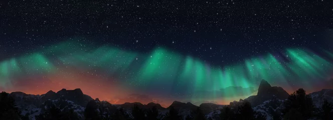 Foto op Plexiglas Een prachtige groene aurora die over de heuvels danst, panoramisch uitzicht. © Aomarch
