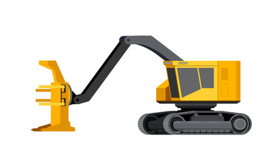 Minimalistic icon tracked feller buncher front side view. Feller vehicle. Modern vector isolated illustration.