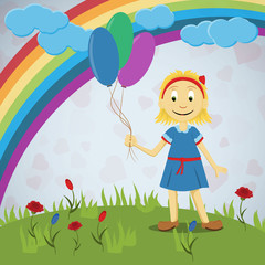 little girl is standing on a green lawn in a dress among the flowers and holding balloons on a rainbow and clouds background