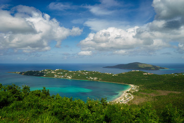Aerial view of Magens Bay. Magens Bay, a tropical paradise dubbed as the most popular beach in St Thomas.