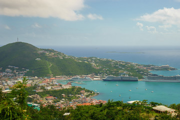 Fototapeta na wymiar Three cruise ships in the port of St Thomas, US Virgin Islands