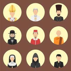 Religion people characters vector group of different nationalities human wearing traditional clothes
