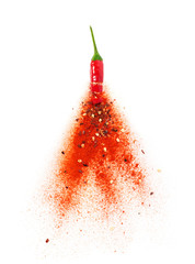 Chili powder burst from red chili pepper