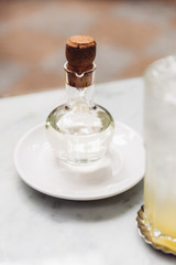 Syrup in glass bottle for coffee or other beverages.