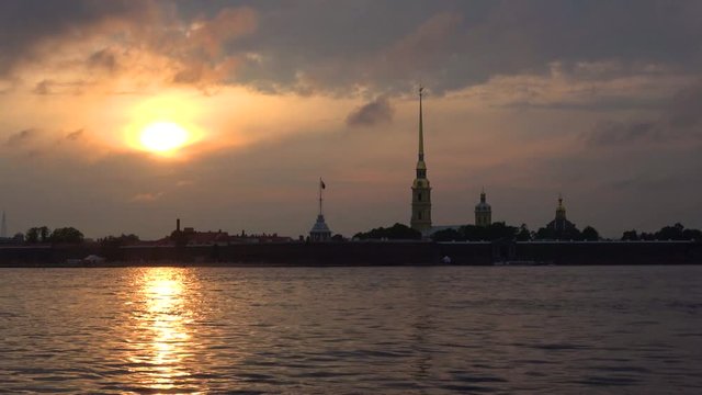 Gloomy sunset over the Peter and Paul fortress. Saint Petersburg