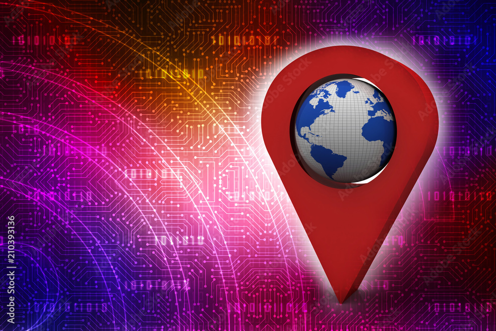 Fototapete 3d rendering red map pointer with world map