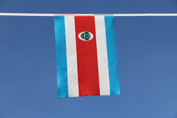 Mini fabric rail flag of Costa Rica in Tricolor red blue and white with National coat of Arms,...