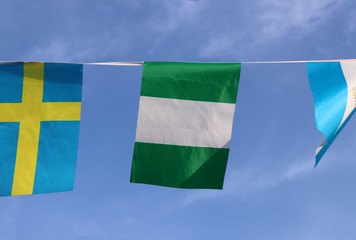 Mini fabric rail flag of Nigeria, the flag has three vertical bands of green, white, green. It hanging on the rope cloth between the flag of other countries, on blue sky background.
