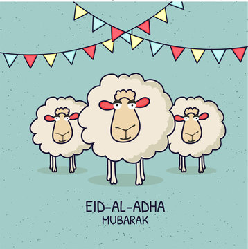 Eid-Al-Adha Mubarak, Islamic festival of sacrifice with illustration of happy sheep,  and bunting flags. Line-art illustrations.