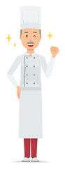 An elderly male chef wearing a cook coat is winking and raised one hand