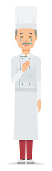 An elderly male chef wearing a cook coat is crying