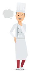 An elderly male chef wearing a cook coat is imagining