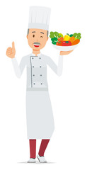 An elderly male chef wearing a cook coat has vegetables