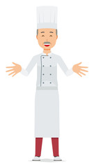 An elderly male chef wearing a cook coat is standing. And he open both hands and welcome you