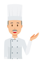 An elderly male chef wearing a cook coat is informed