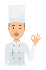 An elderly male chef wearing a cook coat is playing an okay sign