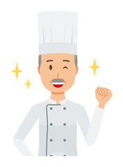 An elderly male chef wearing a cook coat is winking and raised one hand
