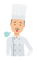 An elderly male chef wearing a cook coat is sighing