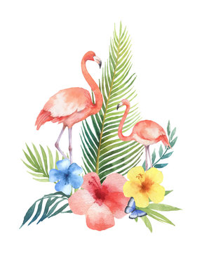 Watercolor vector card of tropical leaves, flowers and the pink Flamingo isolated on white background.