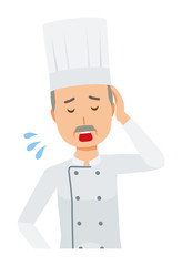 An elderly male chef wearing a cook coat is tired