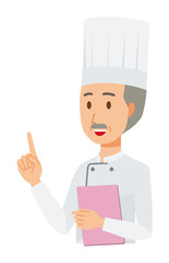 An elderly male chef wearing a cook coat has a file. And he points out