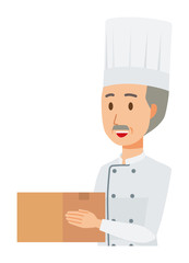 An elderly male chef wearing a cook coat has a box