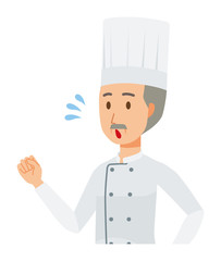 An elderly male chef wearing a cook coat is running