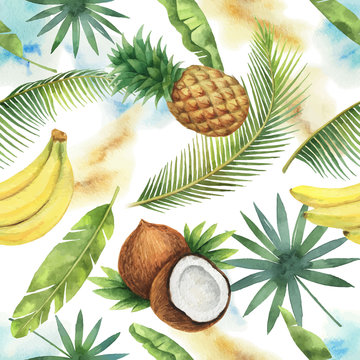 Watercolor vector seamless pattern of coconut, banana, pineapple and palm trees isolated on white background.