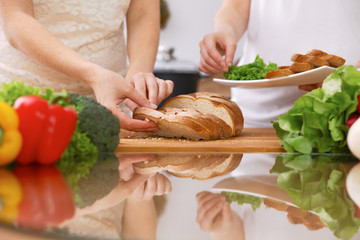Closeup of human hands cooking in kitchen. Mother and daughter or two female friends cutting bread. Healthy meal, vegetarian food and lifestyle concept