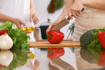 Closeup of human hands cooking in kitchen. Mother and daughter or two female friends cutting vegetables for fresh salad. Healthy meal, vegetarian food and lifestyle concepts