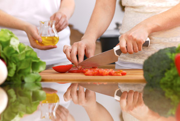 Closeup of human hands cooking in kitchen. Mother and daughter or two female friends cutting vegetables for fresh salad. Healthy meal, vegetarian food and lifestyle concepts