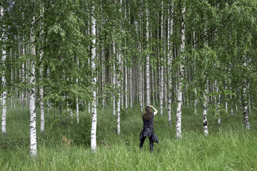 woman photograph birches