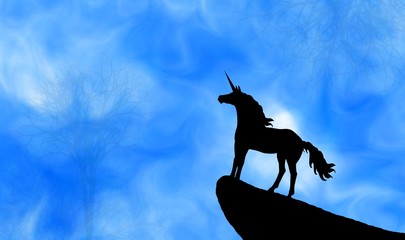 Abstract silhouette unicorn on black cliff