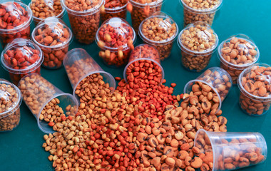Composition with dried fruits and assorted nuts.
