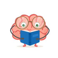 Cute brain character in glasses reads book. Vector illustration isolated on white background. EPS 10.