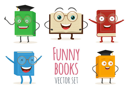 Cute cartoon book character with smiling faces and emotion. Vector illustration set icons isolated on white background. EPS 10.