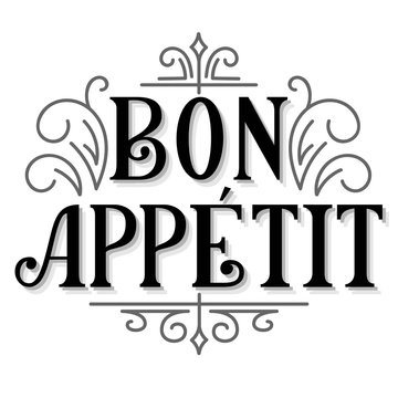 Bon Appetit hand lettering, vintage drawn typography, custom letters with flourishes isolated on white background. Vector illustration.