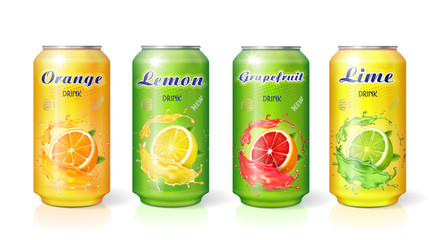 Soft drink citrus lemon orange lime grapefruit flavor in metal cans