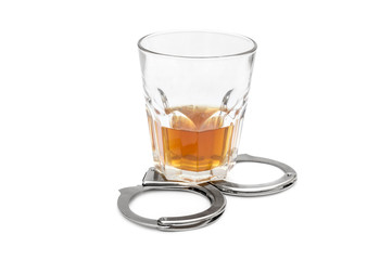 Glass of alcohol drink with handcuffs on white.