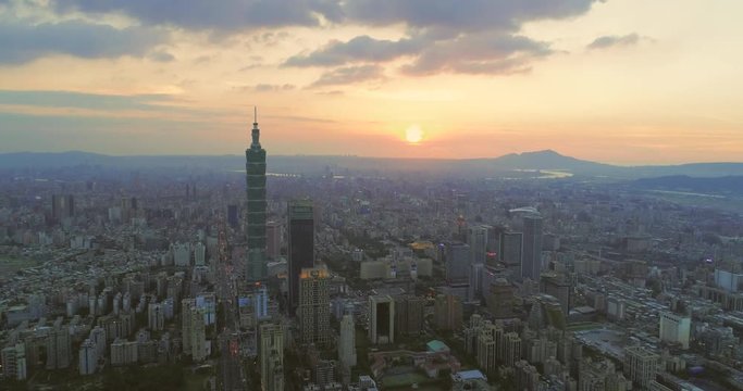 Aerial shot of Taipei at sunset, Taiwan