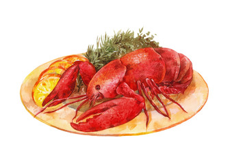 Lobster on a plate with herbs and lemon. Watercolor illustration isolated on white