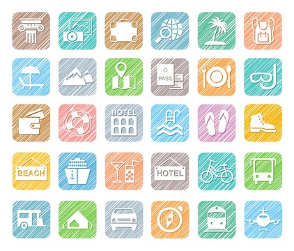 Travel, vacation, tourism, vacation, icons, pencil shading, colored, vector. Different types of holidays and ways of travelling. White icons on a colored shaded field. Simulation of shading. 