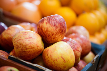 Apples on a shelf in a vegetable store