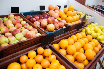 Shelf in the vegetable store with different kinds of fruit