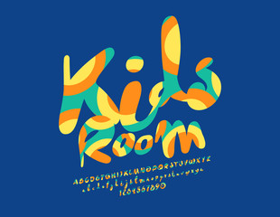 Vector handwritten logo Kids Room. Font with Graphic Style. Colorful bright Alphabet Letters, Numbers and Symbols