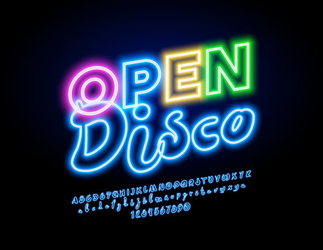 Vector neon sign Open Disco. Glowing light Alphabet Lettern, Numbers and Symbols. Bright Font