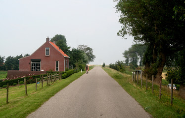 Fototapeta na wymiar Road in a typical isolated landscape in the province of Zeeland in the Netherlands