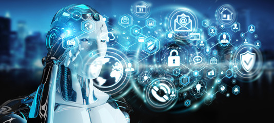 White man robot using cyber security data interface 3D rendering