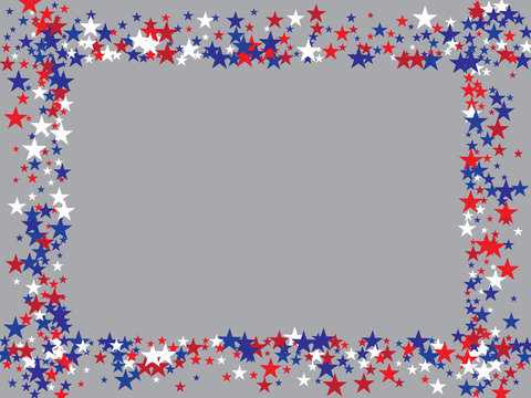 Patriotic 4th of July, Independence Day of America Stars Confetti. Flying Stars Texture, US Blue, Red, White Confetti Banner. USA Independence Day, 4th of July, National Symbols Banner Background.