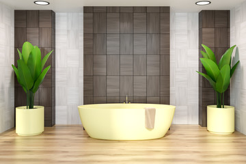 White and black wood bathroom, yellow tub